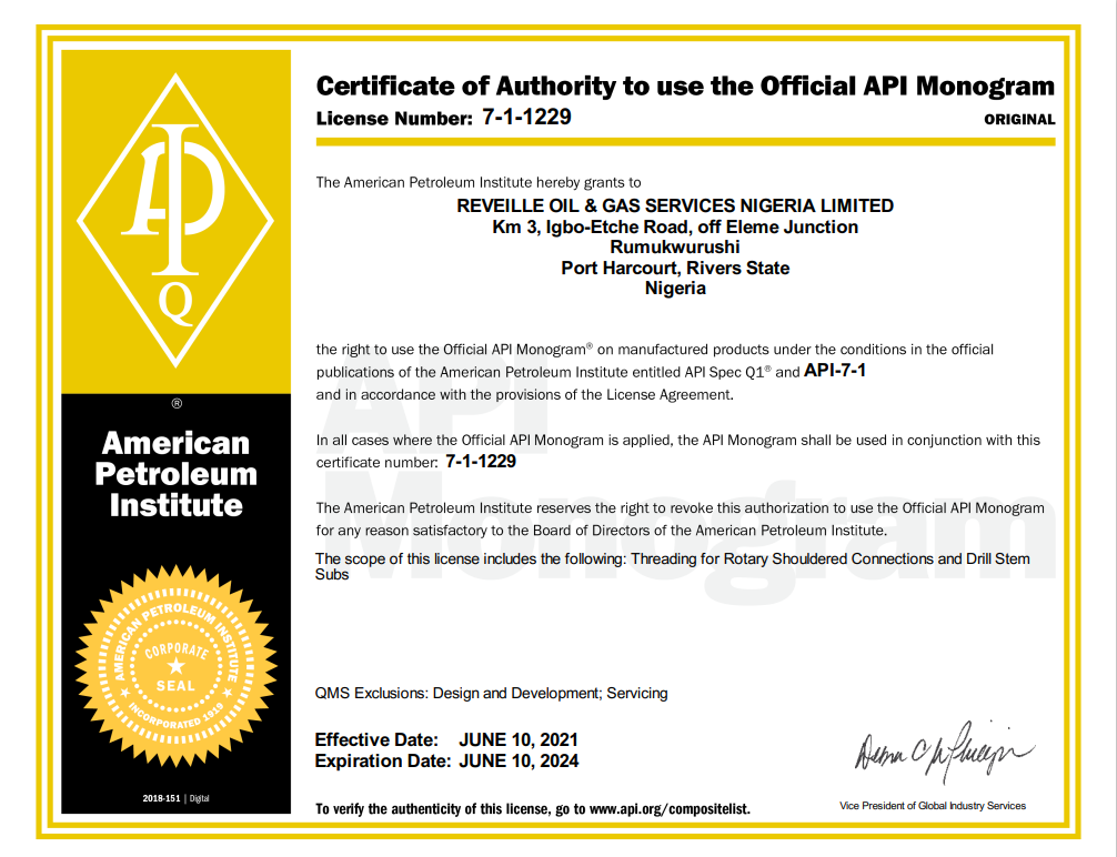 API Spec 7-1 certificate of authority to use the official API Monogram, licence number 7-1-1229